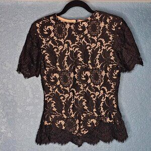 Anne Klein Size 8 Floral Lace Black Blouse